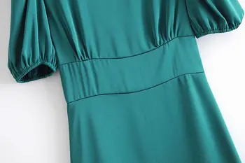 Vasaros trumpomis rankovėmis satino suknelė moterims, aukštos apykaklės derliaus mini suknelė sluoksniuotos rankovėmis trumpą žalia suknelė vestidos mujer