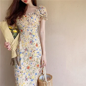 Vasarą Moterys Derliaus Aliejaus Tapybos Stiliaus Suknelė Sluoksniuotos Rankovėmis Suknelė Ilgai Gėlių Suknelės Boho Šalies Elegantiškas Apdaras