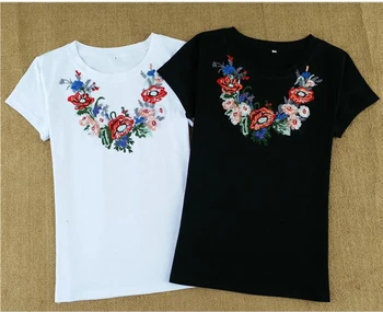 Vasarą, o kaklo gėlių siuvinėjimas, marškinėliai moterims medvilnės mados trumpas rankovės tees marškinėliai moteriška viršūnių ruožas