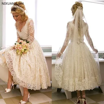 Vestido De Noiva Naujas Casamento Karšto Pardavimo Balta Senovinių Nėrinių Arbatos Ilgio Paplūdimys Vestuvių Suknelė Iki 2021 M. Elegantiškos Vestuvinės Suknelės Ilgomis Rankovėmis