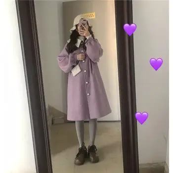 Vilnos Moterų Violetinė Žiemos Ilgas Kailis Kawaii Japonų Stiliaus Studentų Ruched Žibintų Rankovės Saldus Harajuku Visas rungtynes, Streetwear Mergaitės