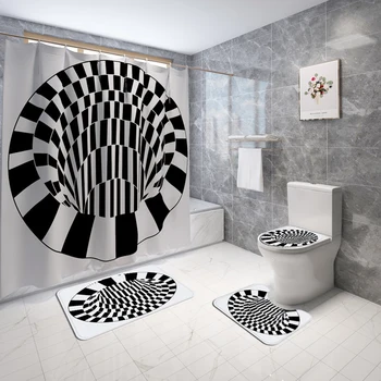 Vonios kambarys Dekoro Minkštas Poliesterio Ne Slydimo Vandens Absorbcija 3D Spiralės Spausdinimo Dušo Užuolaidų Komplektas, Universalus Dangtis Tualeto Dangtis