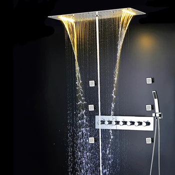 Vonios kambarys Dušo Komplektas LED Lubų Dušo Galvutė Kritulių Krioklys, Maišytuvas, Karšto ir Šalto Vandens Maišytuvas Bakstelėkite Termostatiniai Potinkinė Dušo
