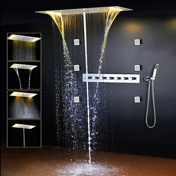 Vonios kambarys Dušo Komplektas LED Lubų Dušo Galvutė Kritulių Krioklys, Maišytuvas, Karšto ir Šalto Vandens Maišytuvas Bakstelėkite Termostatiniai Potinkinė Dušo