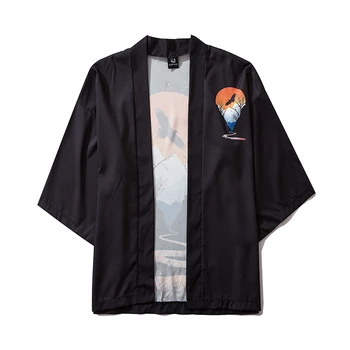 Vyrai Vasarą Hip-Hop Harajuku Prarasti spausdinti Plonas Kimono Striukės Vyrų Japonijos Atsitiktinis Pusė rankovių Megztinis kailio Viršutiniai drabužiai