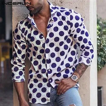 Vyrams, Atsitiktinis Marškinėliai Polka Dot Atvartas Kaklo Havajų Viršūnes ilgomis Rankovėmis Mygtuką Elegantiškos Mados Mens Prekės Marškiniai Camisa INCERUN 2021 S-5XL