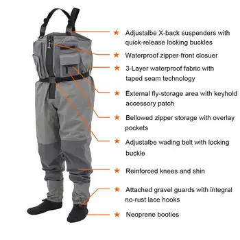 Vyriški Kvėpuojantis Zip-Front-Stockingfoot Krūtinės Wader Vandeniui Medžioklės Pelkių Žvejybos Drabužių Sausas Kelnes su Multi-kišenėje
