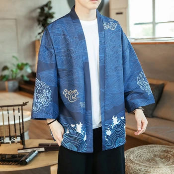 Vyrų apdaras Visiškai Rankovės Japonija Marškinėliai Kimono Haori Striukė Harajuku KOI Dragon Spausdinti Rytų Cusual Prarasti Negabaritinių Mados Komplektus