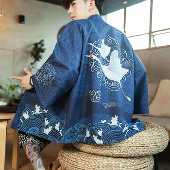 Vyrų apdaras Visiškai Rankovės Japonija Marškinėliai Kimono Haori Striukė Harajuku KOI Dragon Spausdinti Rytų Cusual Prarasti Negabaritinių Mados Komplektus