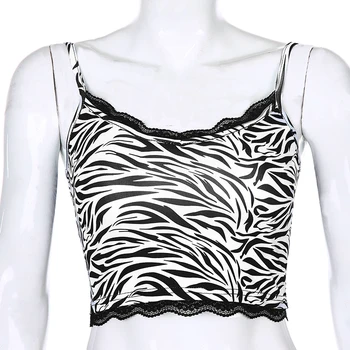 Waatfaak Gyvūnų Zebras Spausdinti Y2K Nėrinių Kratinys Pasėlių Viršuje Moterų Harajuku Streetwear Spagečiai Dirželiai Viršūnes Brattle Vasaros Seksualus 2021