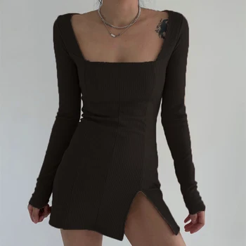 Weekeep Seksualus Pusės Split Aikštėje Apykakle Ilgomis Rankovėmis Pavasario Dress Moterų Megzti Bodycon Šalies Clubwear Mini Suknelės 2020 M.