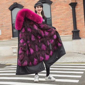 Xlong Žiemos Nekilnojamojo Fox Fur Coat Moterų tikro Kailio Parkas Striukė Spalvinga Lapės Kailiniai su Gobtuvu Moteriška Medvilnės Naujų Prarasti Streetwear