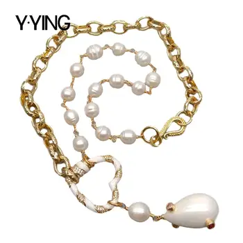 Y·YING gamtos Baltieji Ryžiai Gėlavandenių Perlų Grandinės Karoliai Sea Shell Perlų Pakabukas 20