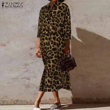 ZANZEA Moterų Bohemijos Leopard print Suknelė Rudenį Atvartas Kaklo Ilgi Marškinėliai-Suknelė Atsitiktinis Palaidų Šalies Sundress Moterų Padalinta Vestido