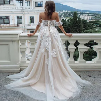 ZJ9202 2020 2021 Seksualus Brangioji Lace A-Line Wedding Dresses Off Peties Rankovių Tiulio Vestuvių Suknelės Brides Oficialų Suknelė