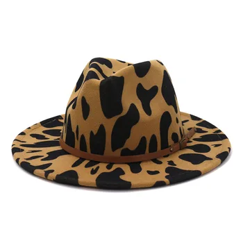 ZLD Žiemos vyrų bžūp mados tendencija rudas plonas diržas karvė modelio didelis kraštų skrybėlę fedoras skrybėlę rudenį Britų stiliaus džiazo moterų skrybėlę