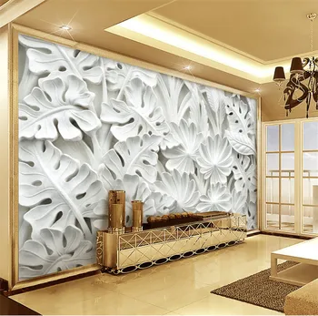 Šiuolaikinės Paprasta Abstraktaus Meno Tapetai, 3D Reljefo Baltos spalvos Lapai Modelis Gipso Freskos Gyvenamasis Kambarys su Sofa-lova, TV Foną, Sienos 3D Namų Dekoro