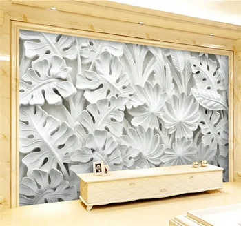 Šiuolaikinės Paprasta Abstraktaus Meno Tapetai, 3D Reljefo Baltos spalvos Lapai Modelis Gipso Freskos Gyvenamasis Kambarys su Sofa-lova, TV Foną, Sienos 3D Namų Dekoro