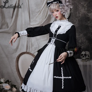 Šventasis Kryžiaus ~ Elegantiškas Ilgas Žibintų Rankovės Lolita Dress Derliaus Šalis Suknelė