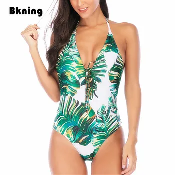Žalia Lapų Spausdinimo maudymosi kostiumėlį vientisas Moteris, Maudymosi Kostiumą, Moterims Push Up Atogrąžų Monokini Giliai V-kaklo Plaukti Backless Trikini XL