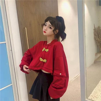 Žibinto rankovėmis palaidinukė moterų 2020 m. rudenį naujų Kinijos retro stiliaus diską sagtis apdailos prarasti raišteliu trumpas hoodies banga