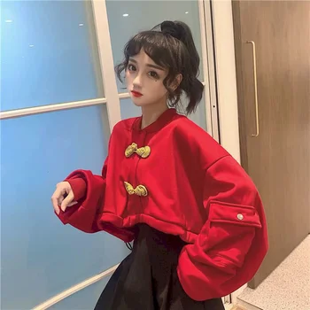 Žibinto rankovėmis palaidinukė moterų 2020 m. rudenį naujų Kinijos retro stiliaus diską sagtis apdailos prarasti raišteliu trumpas hoodies banga