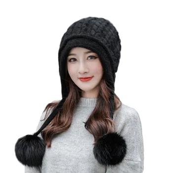 Žiemos Beanie Skrybėlių Moterų Šiltas Triušio Kailis Megzti Slouchy Kepuraitė Skrybėlės Ponios Dirbtiniais Kailiais Pompom Skrybėlę Moteriška Žieminė Kepurė 2020 Naujas