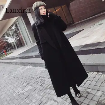 Žiemos moteris kašmyro vilnos striukė nauja mados vidutinio ilgio prarasti vilnonis kailis juodas slim ilgomis rankovėmis vilnonių viršutinių drabužių siuvimas