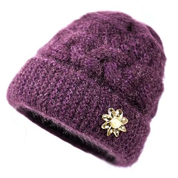 Žiemą vidutinio amžiaus ir pagyvenusių žmonių skrybėlės Beanies motina šiltas plius aksomo, stori vilnoniai megzti skrybėlę